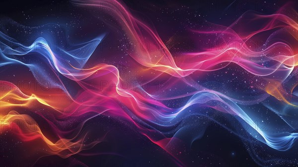 Abstract digital artwork with vibrant color waves in blue, pink, red, and orange on a dark background, AI generated