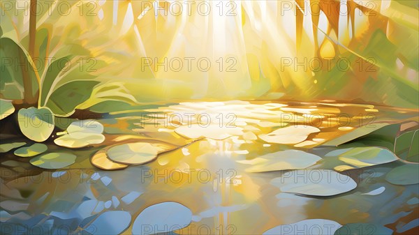 Abstract digital painting embodying sustainability with intertwining leaves glisten with water droplets, AI generated
