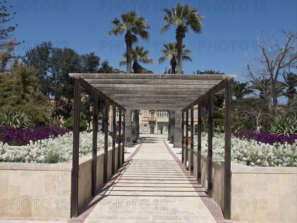 A well-kept park path with palm trees and flowers leading to an architectural building under a clear sky, the island of Gozo with historic houses, colourful balconies, magnificent churches and boats in the harbour, Gozo, Malta, Europe