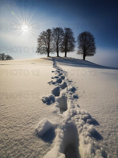 Footprints in fresh snow on a hill with a row of trees in winter, backlight, AI generated, AI generated