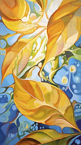 Abstract digital painting embodying sustainability with intertwining leaves glisten with water droplets, AI generated
