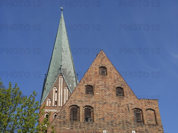 Church tower and gable of a brick gothic church with trees and blue sky in the background, red brick church in North German style in front of blue sky with imposing tower, Lueneburg, Germany, Europe