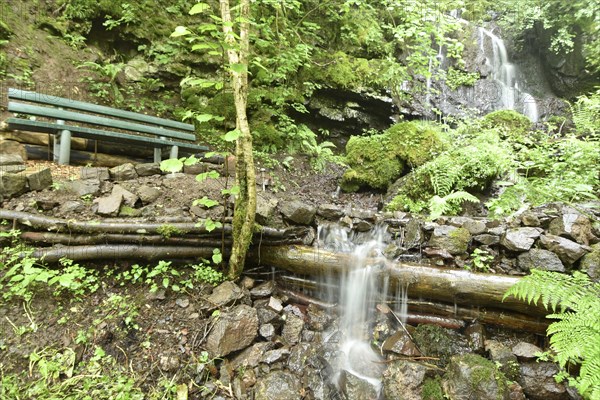 Waterfall with pond in the forest near Gerach in Hunsrueck, Rhineland-Palatinate, Germany, Europe