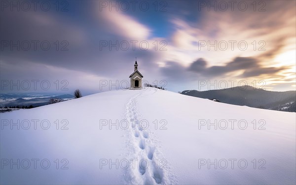 Footprints in fresh snow on a hill to a small chapel backlit in winter, AI generated, AI generated