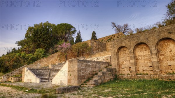 Amphitheatre, Ancient stone steps and historical ruins with vegetation and trees in the background at sunrise, Archaeological site, Rhodes Town, Rhodes, Dodecanese, Greek Islands, Greece, Europe