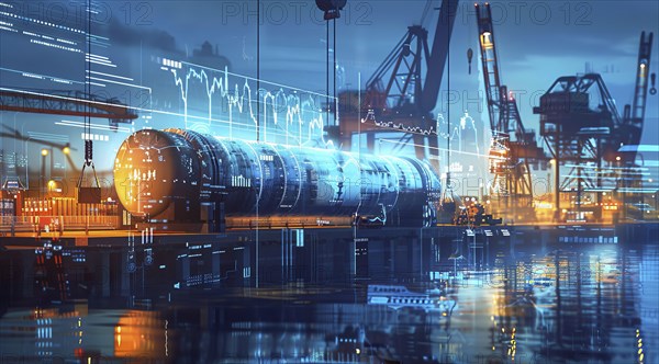 Concept of smart technology used in modern industrial port for warehouses and cargo ships, AI generated