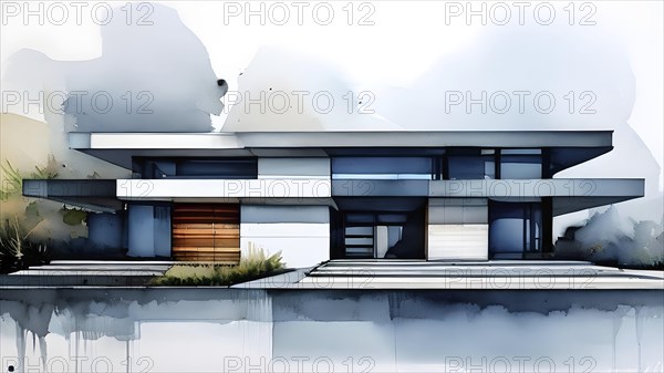 Abstract watercolor composition of futuristic architecture with minimalistic modern bio style, AI generated