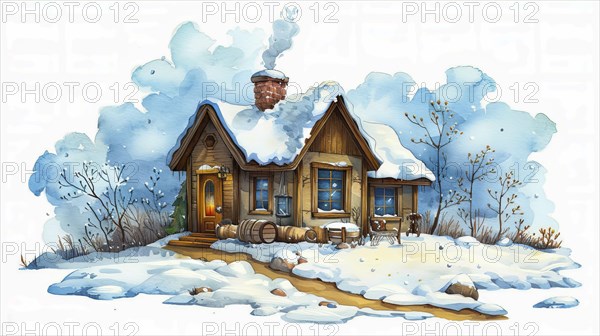 Snow-covered cottage with smoke from the chimney, cozy and serene winter scene, depicted in watercolor style, AI generated