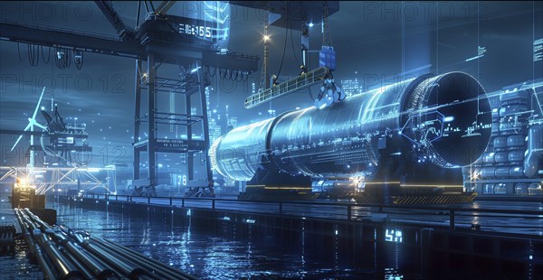 Concept of smart technology used in modern industrial port for warehouses and cargo ships, AI generated
