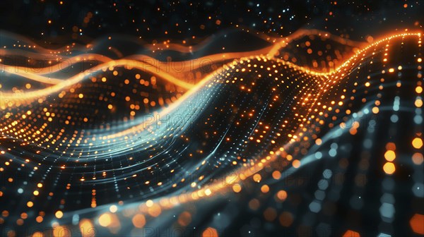 Futuristic digital abstract image with glowing wave composed of orange and blue particles, AI generated