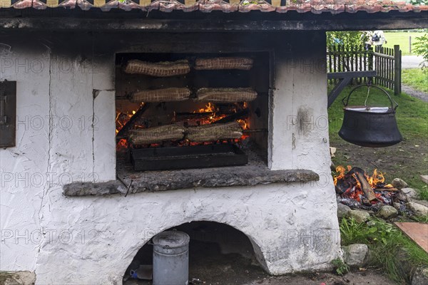 Pork roll roast on a spit cooked in an old oven, Allgaeu, Bavaria, Germany, Europe