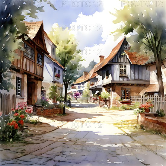Watercolor depiction of a village in summer in the warmth of the sun, AI generated