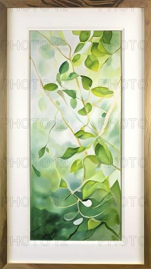 Abstract digital painting embodying sustainability with intertwining leaves glisten with water droplets, AI generated