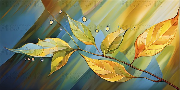 Abstract digital painting embodying sustainability with intertwining leaves glisten with water droplets, AI generated