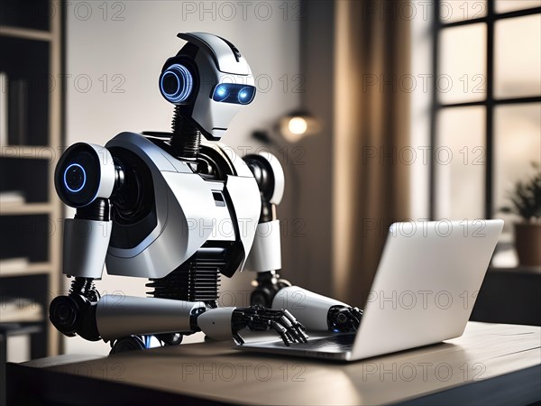 Android, robot writing on a laptop in the home office, symbolic image artificial intelligence replaces human labour, AI generated, AI generiert, AI generated