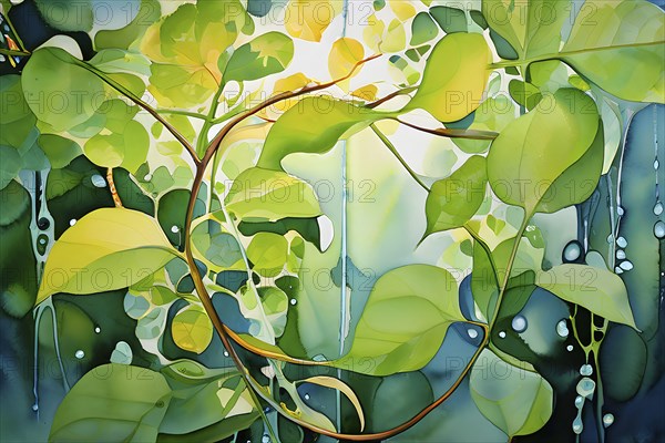 Abstract digital painting embodying sustainability with intertwining leaves glisten with water droplets, AI generated