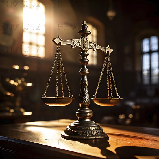Old rustic balanced scales representing justice and law, AI generated