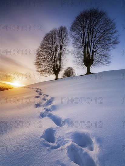 Footprints in fresh snow on a hill with a row of trees in winter, backlight, AI generated, AI generated