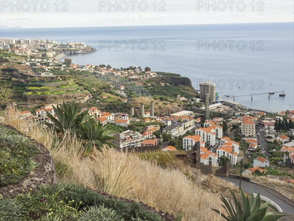 City view on the coast, with houses, fields and green hills, right by the sea, Madeira, Portugal, Europe