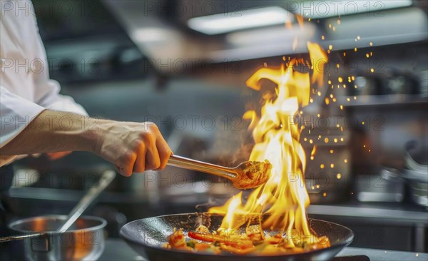 Chef in modern kitchen preparing gourmet meal in upscale restaurant of world cuisine, AI generated