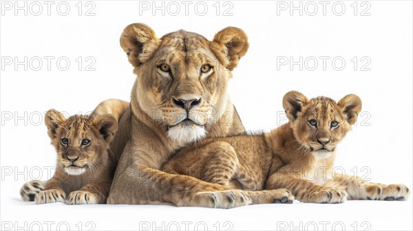 Lioness rests with two cubs, presenting a serene and protective family scene, AI generated
