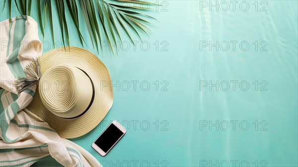 Flat lay style of beach accessories near the water, AI generated