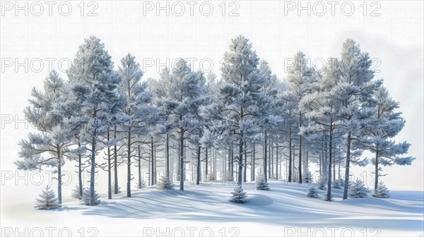 A forest of snowy trees in a winter setting, with a serene and cold atmosphere, depicted in watercolor style, AI generated