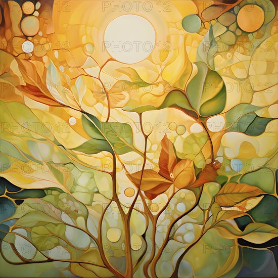 Abstract digital painting embodying sustainability with intertwining leaves glisten with water droplets, AI generated