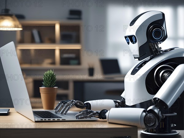 Android, robot writing on a laptop in the home office, symbolic image artificial intelligence replaces human labour, AI generated, AI generiert, AI generated