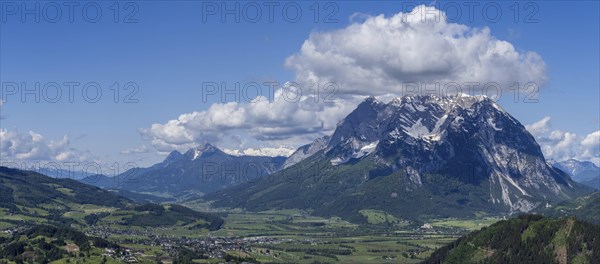 View from the Stalingrad Chapel into the Enns Valley, Grimming, Hoher Dachstein, Kammspitze, panoramic view, Aigen im Ennstal, Styria, Austria, Europe