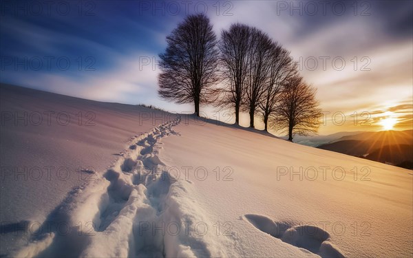Footprints in fresh snow on a hill with a row of trees in winter, backlight, AI generated, AI generated