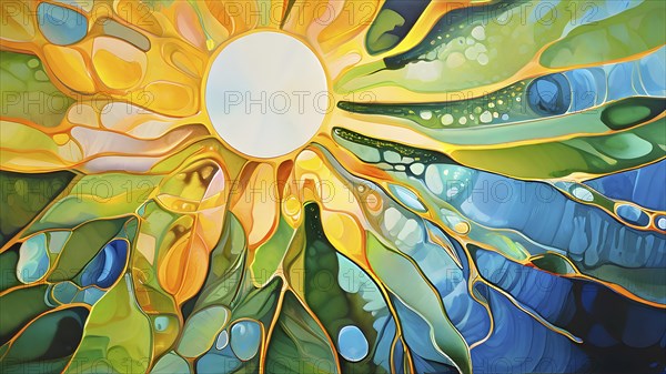 Abstract digital painting embodying sustainability with intertwining leaves glisten with water droplets, AI generated