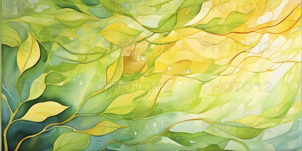 Abstract digital painting embodying sustainability with intertwining leaves glisten with water droplets, AI generated