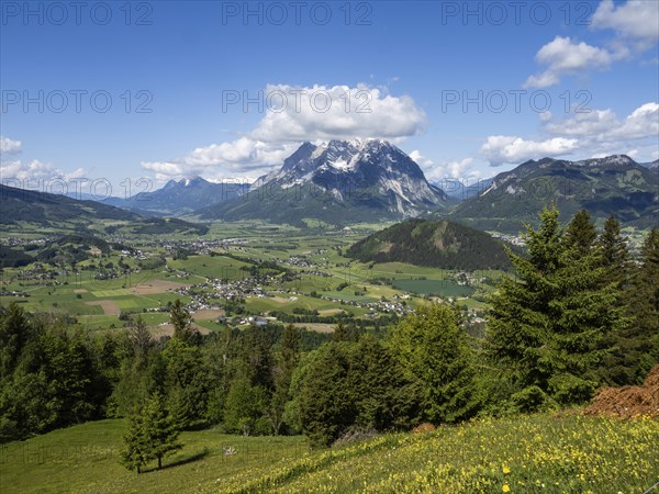 Grimming, Kammspitze, high Dachstein, Putterer See, view from the Stalingrad Chapel into the Enns Valley, Styria, Austria, Europe