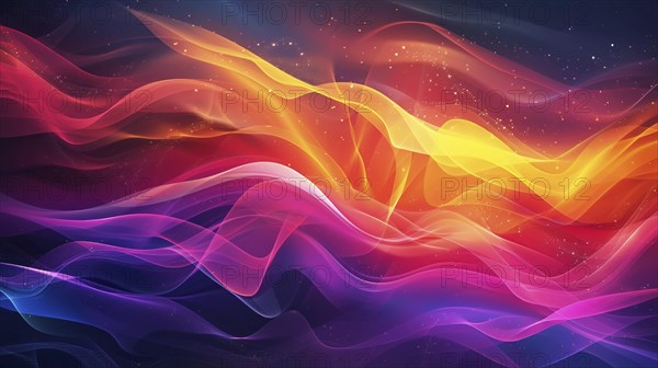 Abstract digital art with flowing colorful waves in red, orange, yellow, purple, and pink on a dark background, AI generated