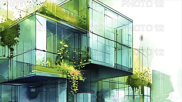Abstract watercolor composition of futuristic architecture with minimalistic modern bio style, AI generated