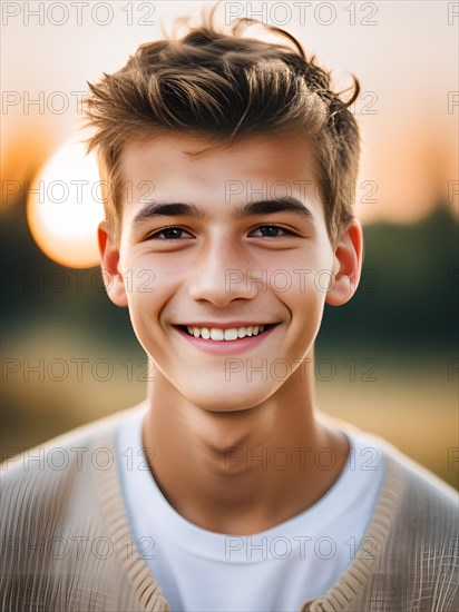 Smiling boy, teenager with caucasian look outside in summer, bokeh, portrait, looking into the camera, AI generated, AI generated, AI generated