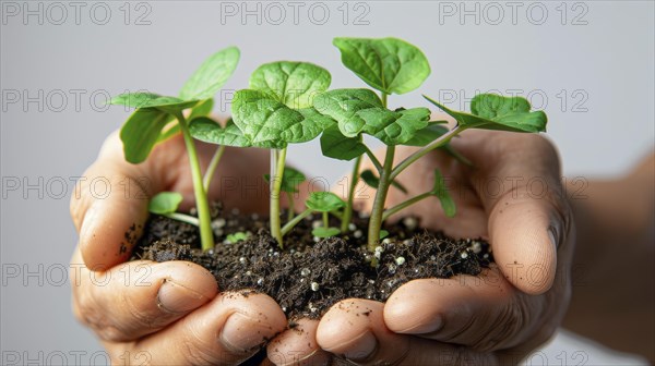 Two hands holding green seedlings in soil