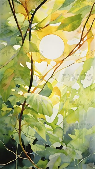 Abstract digital painting embodying sustainability with intertwining leaves glisten with water droplets, AI generated