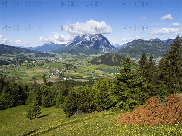 Grimming, Kammspitze, high Dachstein, Putterer See, view from the Stalingrad Chapel into the Enns Valley, Styria, Austria, Europe