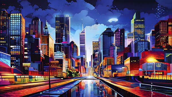 Urban cityscape collage featuring a mosaic of vibrant colors, AI generated