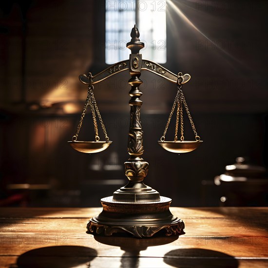 Old rustic balanced scales representing justice and law, AI generated