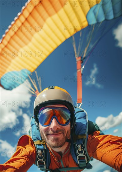 Close-up of a beautiful man in an orange jumpsuit skydiving through the air. Vertical shot. AI generated