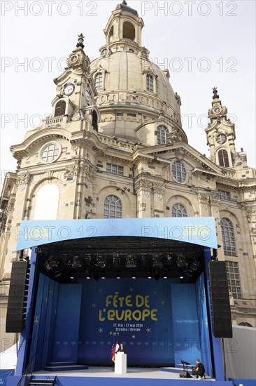 Emmanuel Macron (President of the French Republic) speaks at the Fete de l'Europe on the Neumarkt in front of the Church of Our Lady, Dresden, 27 May 2024