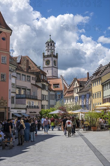 Gespinstmarkt, pedestrian zone with the Blaserturm in the historic old town of Ravensburg, Ravensburg district, Baden-Wuerttemberg, Germany, Europe