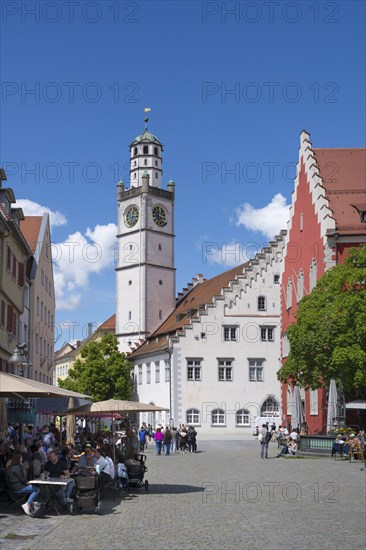 View over the Marienplatz with the Blaserturm, on the right the town hall in the historic old town of Ravensburg, district of Ravensburg, Baden-Wuerttemberg, Germany, Europe