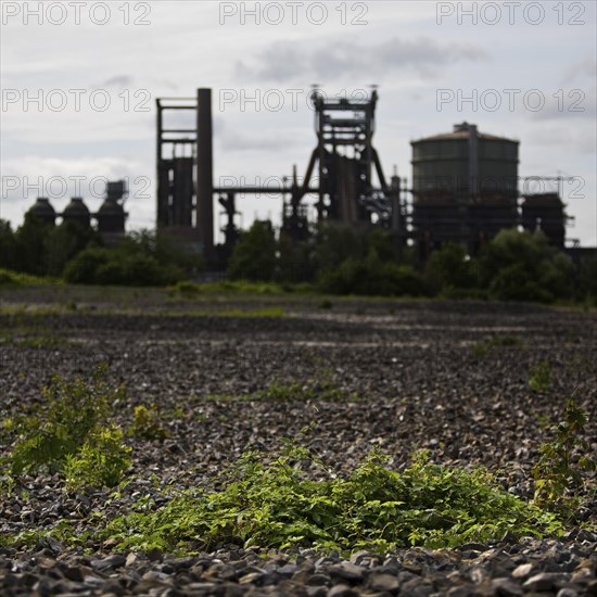 The dreary Hympendahl slag heap with the listed Phoenix-West blast furnace works, Hoerde, Dortmund, Ruhr area, North Rhine-Westphalia, Germany, Europe