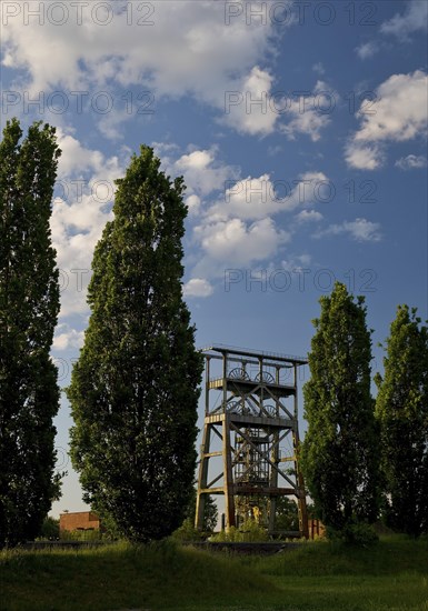 Gneisenau district park with the double trestle structure of the disused colliery, Derne, Dortmund, Ruhr area, North Rhine-Westphalia, Germany, Europe