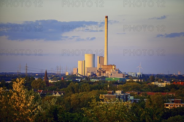 View from the Pluto slag heap of the Herne thermal power station with its 300 metre high chimney, Ruhr area, North Rhine-Westphalia, Germany, Europe