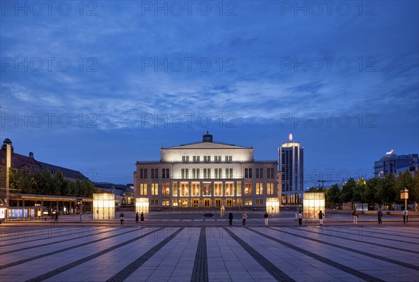 Opera, Winter Garden Tower, Augustusplatz, evening mood, blue hour, Leipzig, Saxony, Germany, Europe